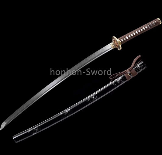 Japanisches Samurai-Schwert Katana aus schwarzem gefaltetem Stahl, Full Tang, handgefertigt, scharfe Klinge, schwarz 