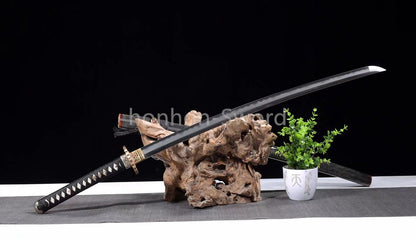 Japanisches Samurai-Schwert Katana aus schwarzem gefaltetem Stahl, Full Tang, handgefertigt, scharfe Klinge, schwarz 