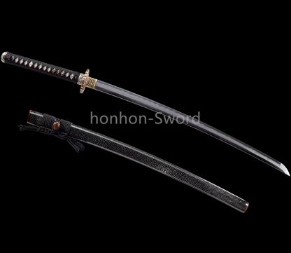 Japanisches Samurai-Schwert Katana aus schwarzem gefaltetem Stahl, Full Tang, handgefertigt, scharfe Klinge, schwarz 