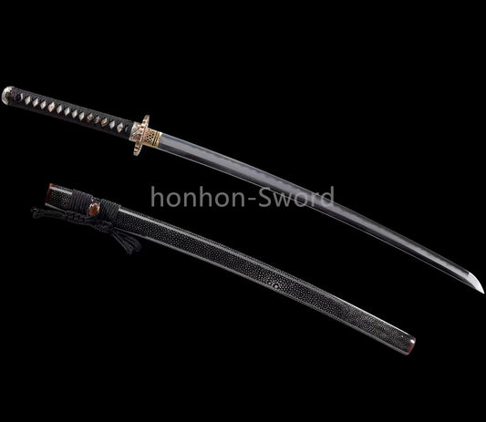 Japanisches Samurai-Schwert Katana aus schwarzem gefaltetem Stahl, Full Tang, handgefertigt, scharfe Klinge, schwarz 