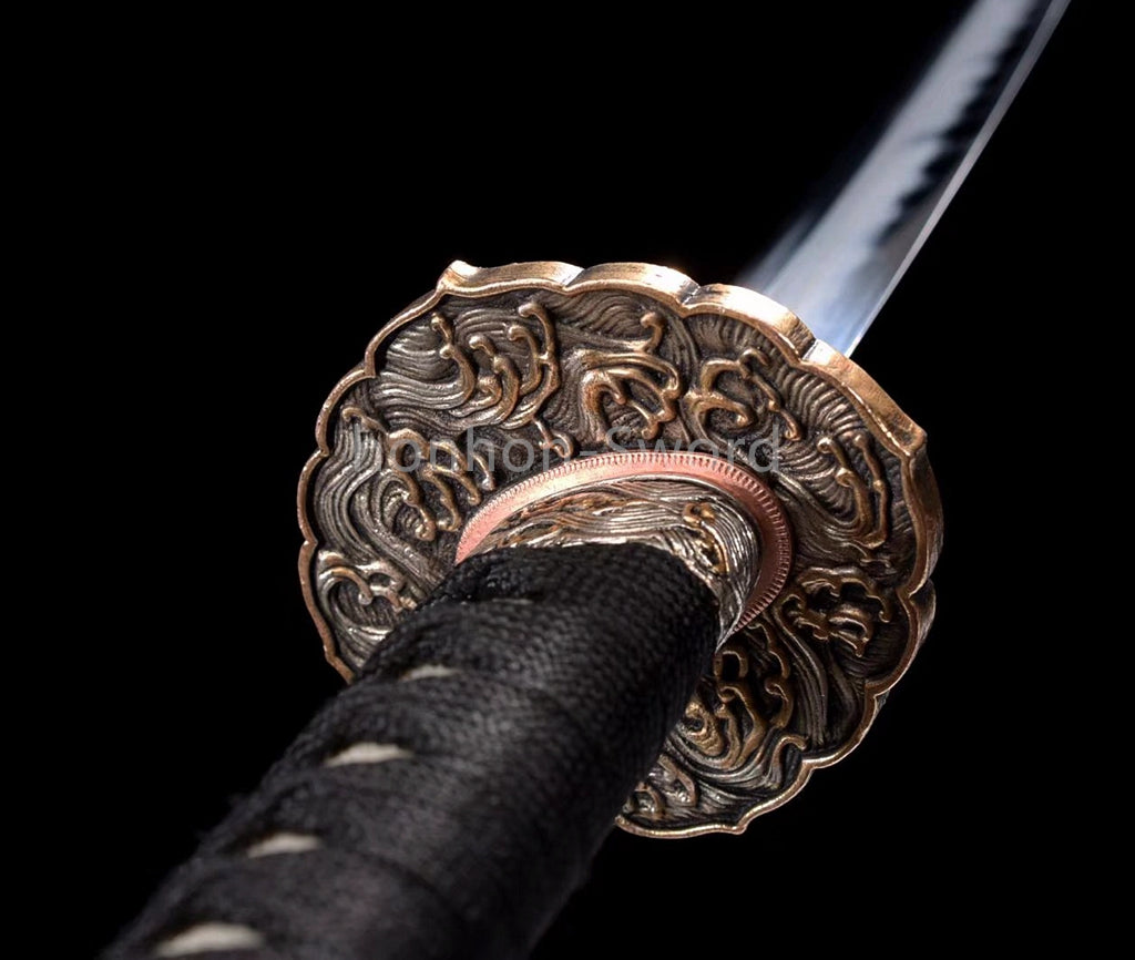 Japanisches Samurai-Schwert Katana aus schwarzem gefaltetem Stahl, Full Tang, handgefertigt, scharfe Klinge, schwarz 