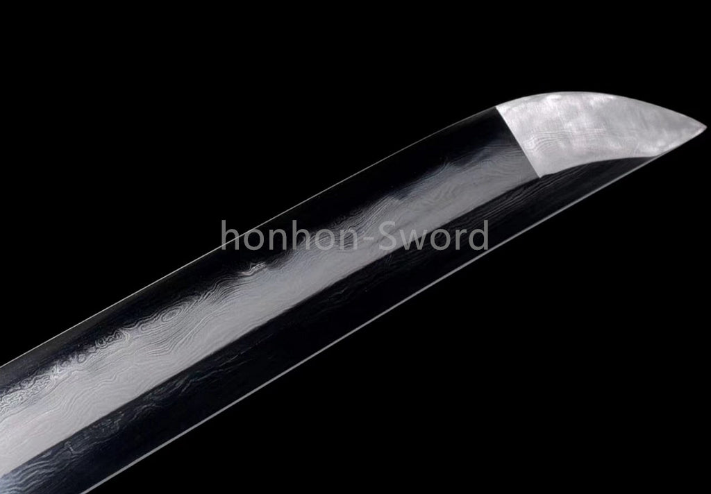 Japanisches Samurai-Schwert Katana aus schwarzem gefaltetem Stahl, Full Tang, handgefertigt, scharfe Klinge, schwarz 