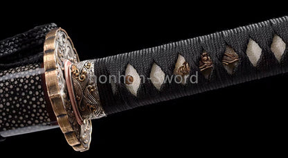 Japanisches Samurai-Schwert Katana aus schwarzem gefaltetem Stahl, Full Tang, handgefertigt, scharfe Klinge, schwarz 