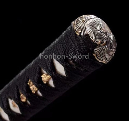 Japanisches Samurai-Schwert Katana aus schwarzem gefaltetem Stahl, Full Tang, handgefertigt, scharfe Klinge, schwarz 