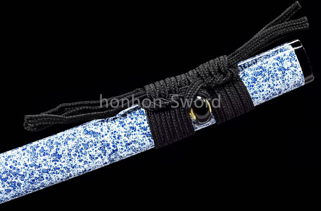 Japanisches Samurai-Schwert Katana aus schwarzem gefaltetem Stahl, Full Tang, handgefertigt, scharfe Klinge, schwarz 