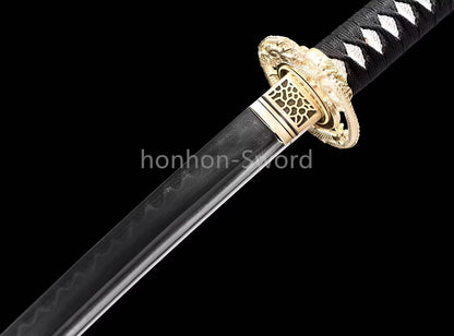 Japanisches Samurai-Schwert Katana aus schwarzem gefaltetem Stahl, Full Tang, handgefertigt, scharfe Klinge, schwarz 