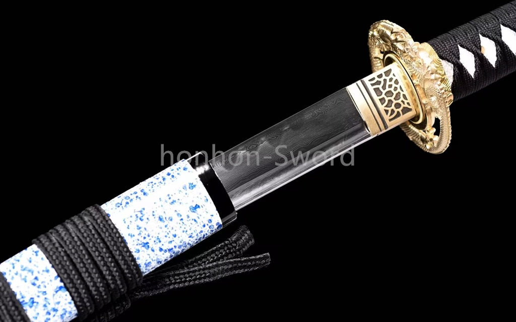 Japanisches Samurai-Schwert Katana aus schwarzem gefaltetem Stahl, Full Tang, handgefertigt, scharfe Klinge, schwarz 