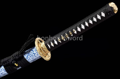 Japanisches Samurai-Schwert Katana aus schwarzem gefaltetem Stahl, Full Tang, handgefertigt, scharfe Klinge, schwarz 