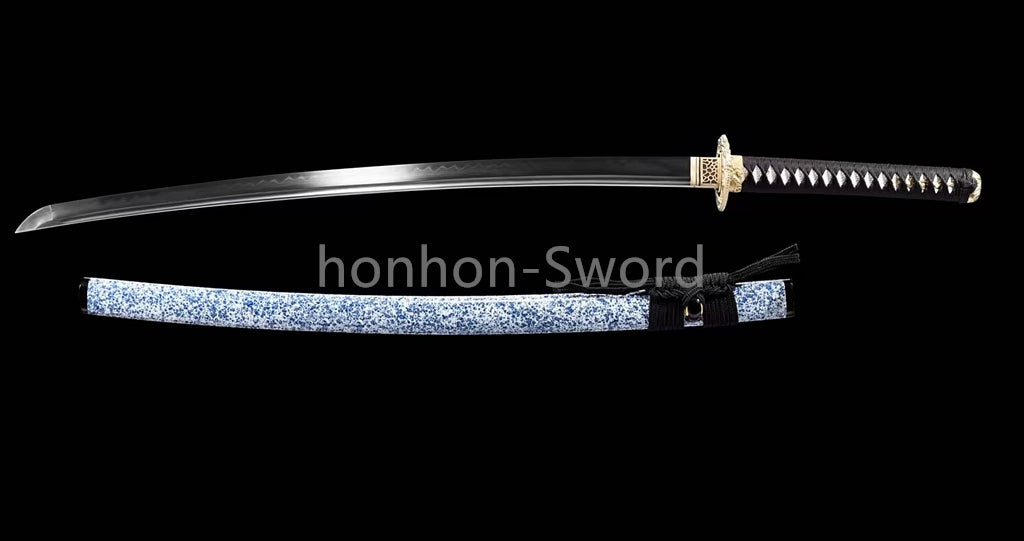 Japanisches Samurai-Schwert Katana aus schwarzem gefaltetem Stahl, Full Tang, handgefertigt, scharfe Klinge, schwarz 