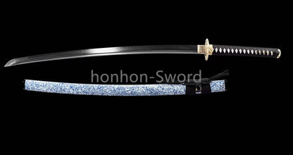 Japanisches Samurai-Schwert Katana aus schwarzem gefaltetem Stahl, Full Tang, handgefertigt, scharfe Klinge, schwarz 