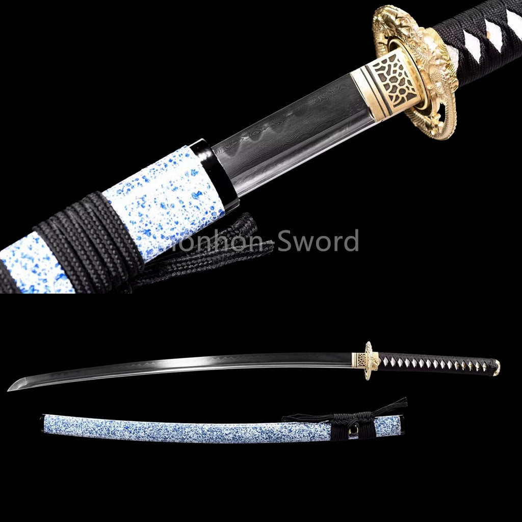 Japanisches Samurai-Schwert Katana aus schwarzem gefaltetem Stahl, Full Tang, handgefertigt, scharfe Klinge, schwarz 