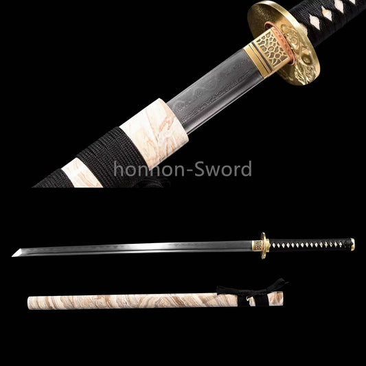 Japanisches Samurai-Schwert Katana aus schwarzem gefaltetem Stahl, Full Tang, handgefertigt, scharfe Klinge, schwarz 