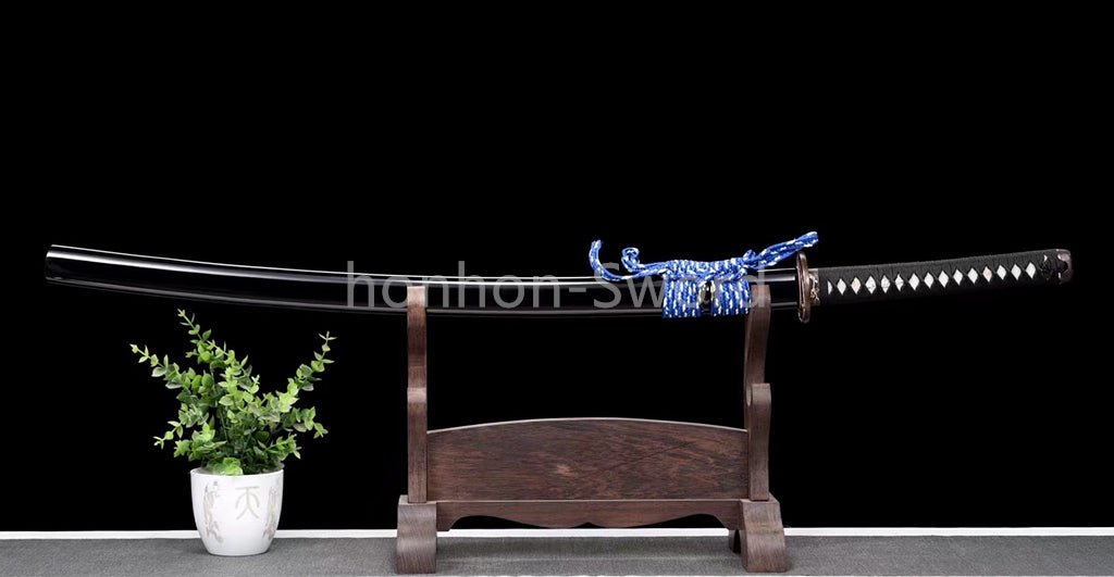 Japanisches Samurai-Schwert Katana aus schwarzem gefaltetem Stahl, Full Tang, handgefertigt, scharfe Klinge, schwarz 