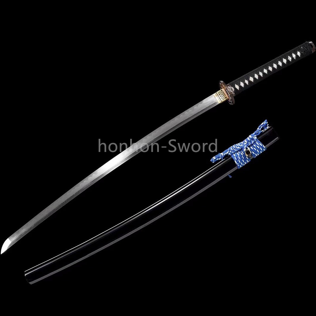 Japanisches Samurai-Schwert Katana aus schwarzem gefaltetem Stahl, Full Tang, handgefertigt, scharfe Klinge, schwarz 