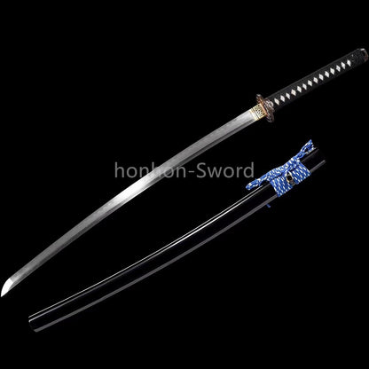 Japanisches Samurai-Schwert Katana aus schwarzem gefaltetem Stahl, Full Tang, handgefertigt, scharfe Klinge, schwarz 