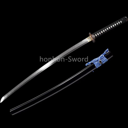 Japanisches Samurai-Schwert Katana aus schwarzem gefaltetem Stahl, Full Tang, handgefertigt, scharfe Klinge, schwarz 