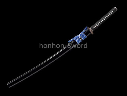 Japanisches Samurai-Schwert Katana aus schwarzem gefaltetem Stahl, Full Tang, handgefertigt, scharfe Klinge, schwarz 