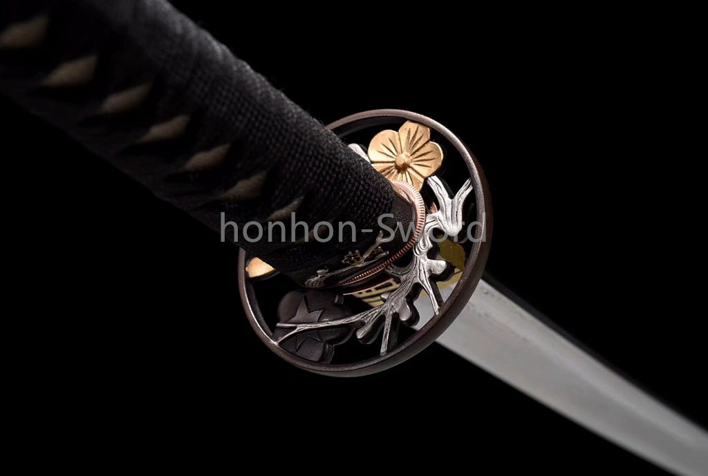 Japanisches Samurai-Schwert Katana aus schwarzem gefaltetem Stahl, Full Tang, handgefertigt, scharfe Klinge, schwarz 