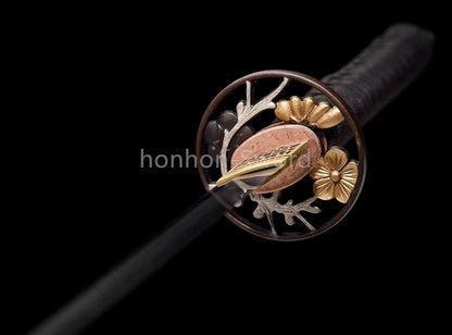 Japanisches Samurai-Schwert Katana aus schwarzem gefaltetem Stahl, Full Tang, handgefertigt, scharfe Klinge, schwarz 