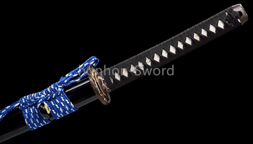 Japanisches Samurai-Schwert Katana aus schwarzem gefaltetem Stahl, Full Tang, handgefertigt, scharfe Klinge, schwarz 