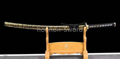 Japanisches Samurai-Schwert Katana aus schwarzem gefaltetem Stahl, Full Tang, handgefertigt, scharfe Klinge, schwarz 
