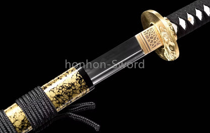 Japanisches Samurai-Schwert Katana aus schwarzem gefaltetem Stahl, Full Tang, handgefertigt, scharfe Klinge, schwarz 