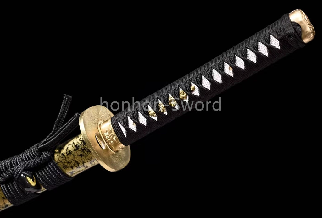 Japanisches Samurai-Schwert Katana aus schwarzem gefaltetem Stahl, Full Tang, handgefertigt, scharfe Klinge, schwarz 