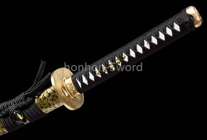 Japanisches Samurai-Schwert Katana aus schwarzem gefaltetem Stahl, Full Tang, handgefertigt, scharfe Klinge, schwarz 