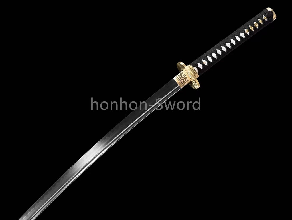 Japanisches Samurai-Schwert Katana aus schwarzem gefaltetem Stahl, Full Tang, handgefertigt, scharfe Klinge, schwarz 