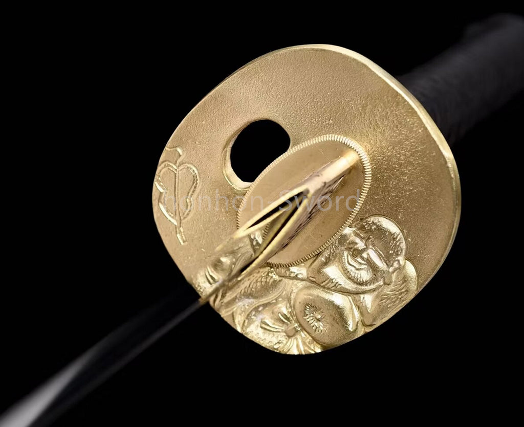 Japanisches Samurai-Schwert Katana aus schwarzem gefaltetem Stahl, Full Tang, handgefertigt, scharfe Klinge, schwarz 