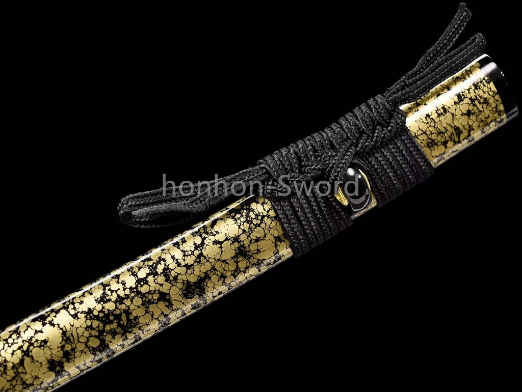 Japanisches Samurai-Schwert Katana aus schwarzem gefaltetem Stahl, Full Tang, handgefertigt, scharfe Klinge, schwarz 