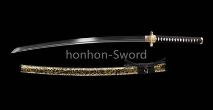 Japanisches Samurai-Schwert Katana aus schwarzem gefaltetem Stahl, Full Tang, handgefertigt, scharfe Klinge, schwarz 