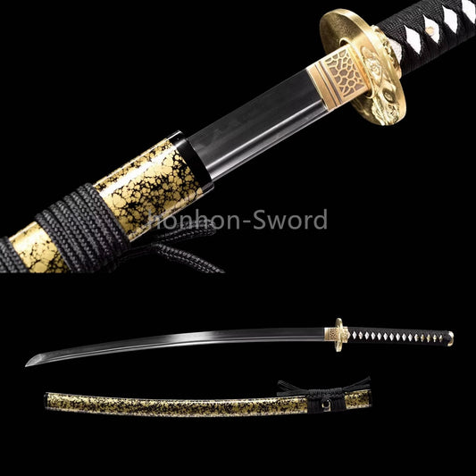 Japanisches Samurai-Schwert Katana aus schwarzem gefaltetem Stahl, Full Tang, handgefertigt, scharfe Klinge, schwarz 