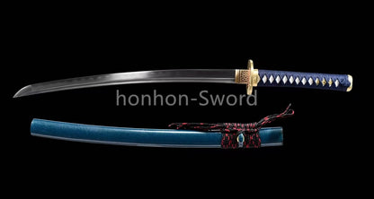 Japanisches Samurai-Schwert Katana aus schwarzem gefaltetem Stahl, Full Tang, handgefertigt, scharfe Klinge, schwarz 