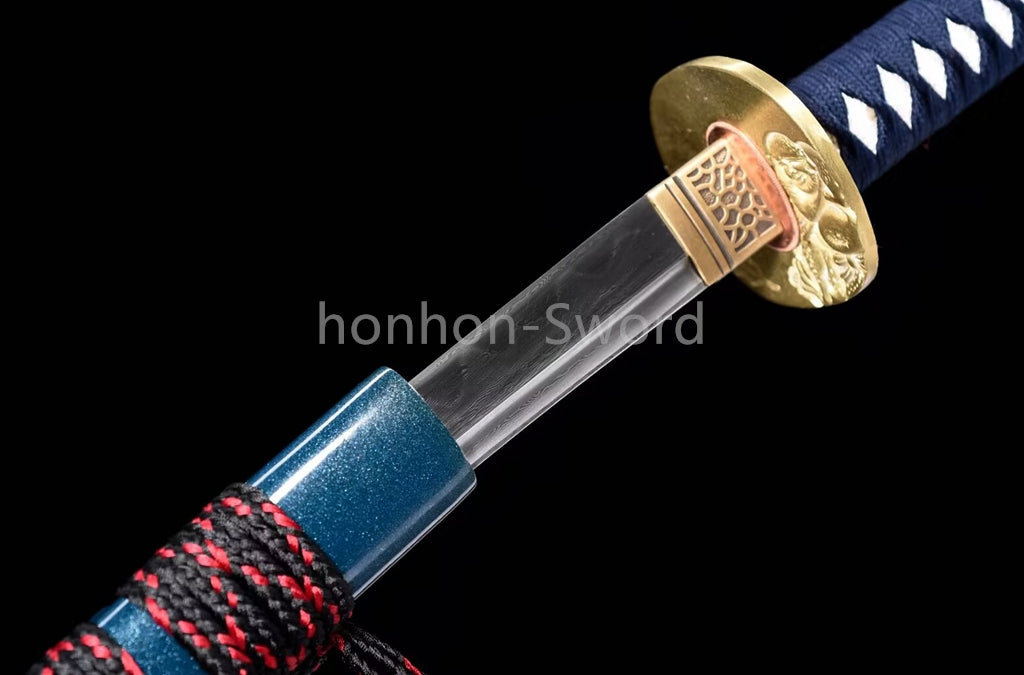 Japanisches Samurai-Schwert Katana aus schwarzem gefaltetem Stahl, Full Tang, handgefertigt, scharfe Klinge, schwarz 