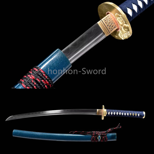 Damascus Folded Steel Clay Tempered Japanese Wakizashi Brass Tsuba SamuraiSword