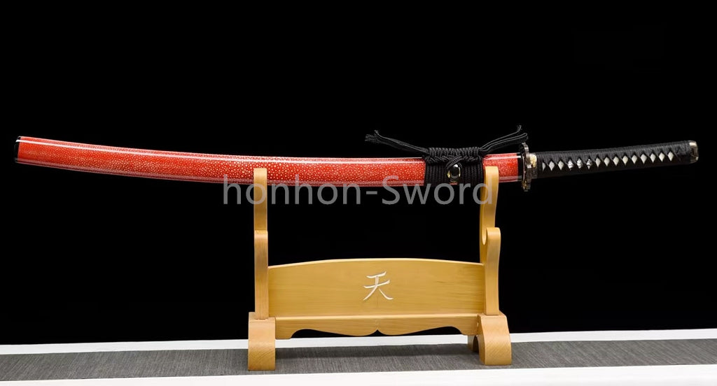 Japanisches Samurai-Schwert Katana aus schwarzem gefaltetem Stahl, Full Tang, handgefertigt, scharfe Klinge, schwarz 