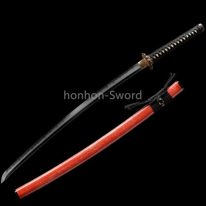 Japanisches Samurai-Schwert Katana aus schwarzem gefaltetem Stahl, Full Tang, handgefertigt, scharfe Klinge, schwarz 