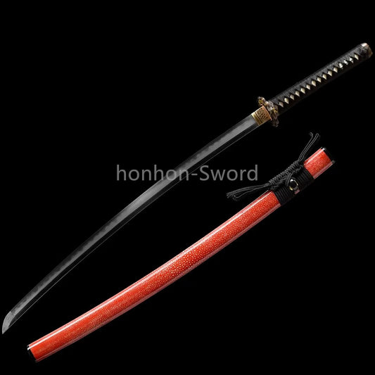 Japanisches Samurai-Schwert Katana aus schwarzem gefaltetem Stahl, Full Tang, handgefertigt, scharfe Klinge, schwarz 