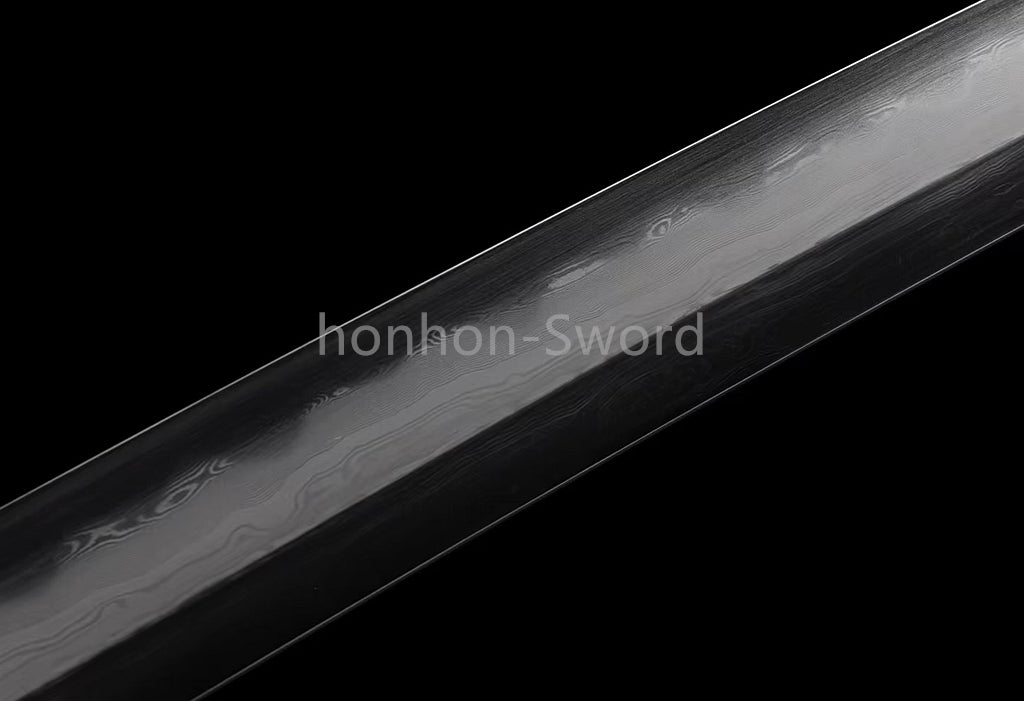 Japanisches Samurai-Schwert Katana aus schwarzem gefaltetem Stahl, Full Tang, handgefertigt, scharfe Klinge, schwarz 