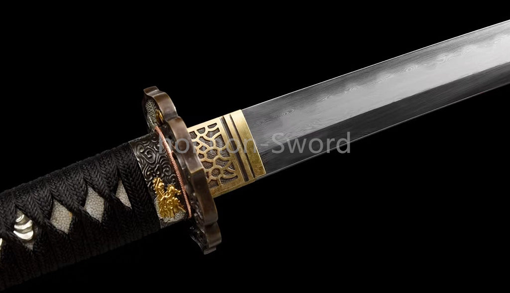 Japanisches Samurai-Schwert Katana aus schwarzem gefaltetem Stahl, Full Tang, handgefertigt, scharfe Klinge, schwarz 