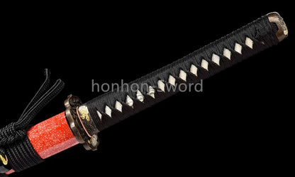 Japanisches Samurai-Schwert Katana aus schwarzem gefaltetem Stahl, Full Tang, handgefertigt, scharfe Klinge, schwarz 
