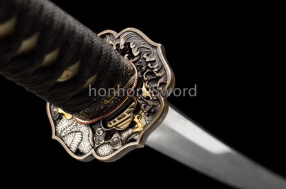 Japanisches Samurai-Schwert Katana aus schwarzem gefaltetem Stahl, Full Tang, handgefertigt, scharfe Klinge, schwarz 