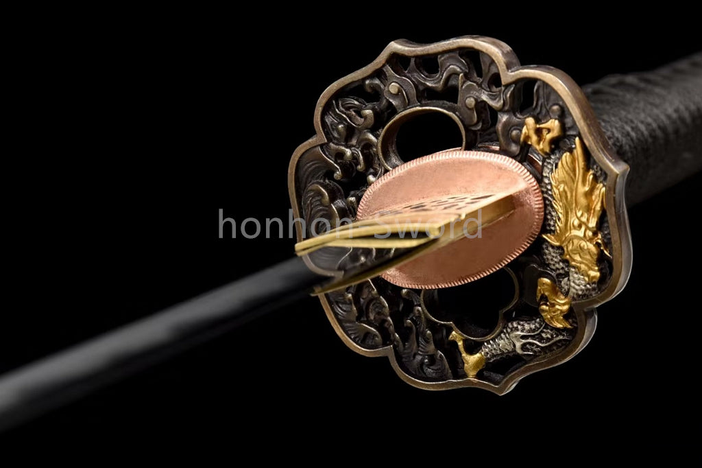 Japanisches Samurai-Schwert Katana aus schwarzem gefaltetem Stahl, Full Tang, handgefertigt, scharfe Klinge, schwarz 