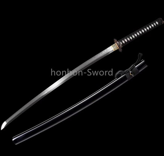 Japanisches Samurai-Schwert Katana aus schwarzem gefaltetem Stahl, Full Tang, handgefertigt, scharfe Klinge, schwarz 