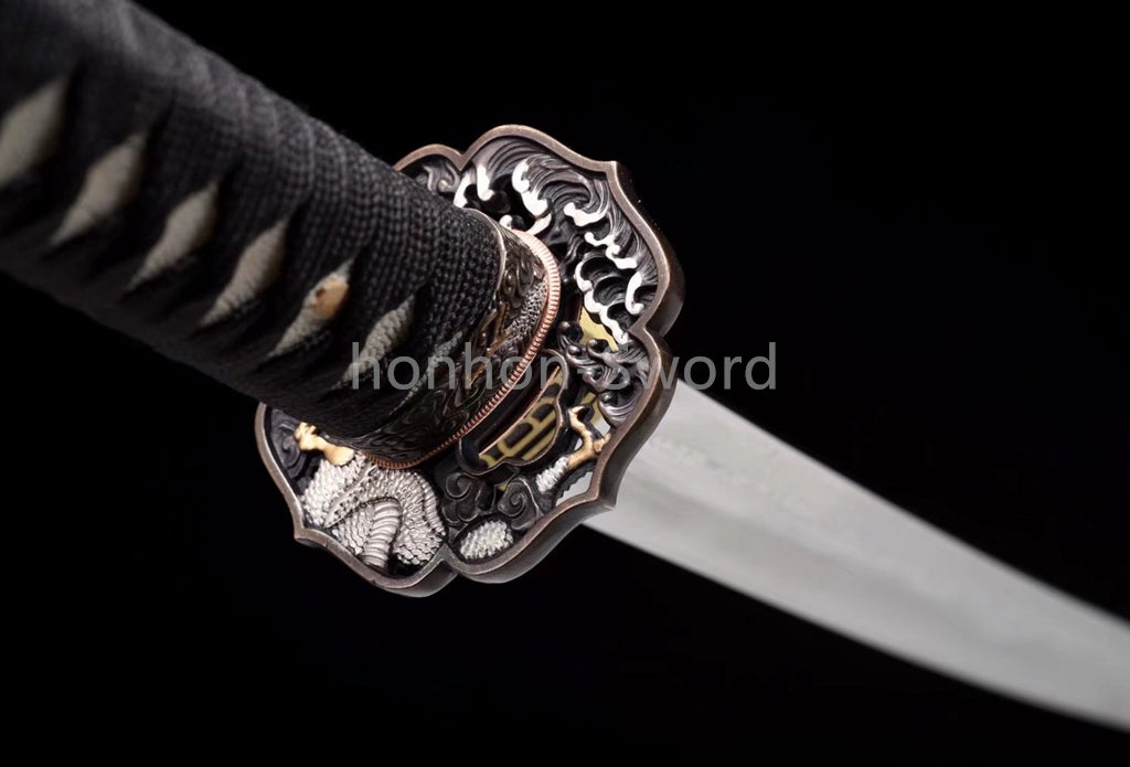 Épée de samouraï japonaise en acier plié noir, katana, lame tranchante faite à la main, noire 