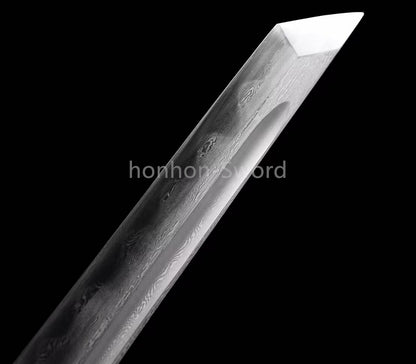 Damascus Folded Steel Clay Tempered Japanese Tanto Samurai Sword Full Tang Real