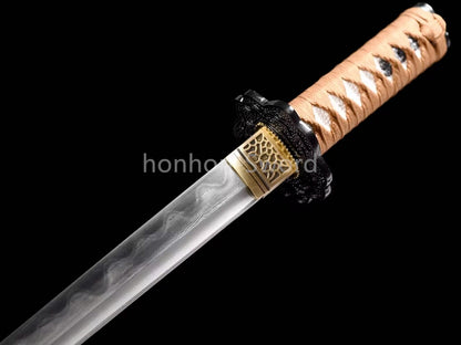 Damascus Folded Steel Clay Tempered Japanese Tanto Samurai Sword Full Tang Real