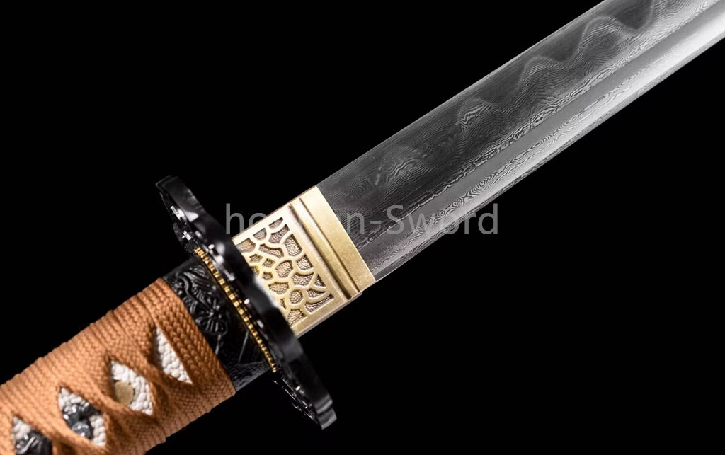 Damascus Folded Steel Clay Tempered Japanese Tanto Samurai Sword Full Tang Real