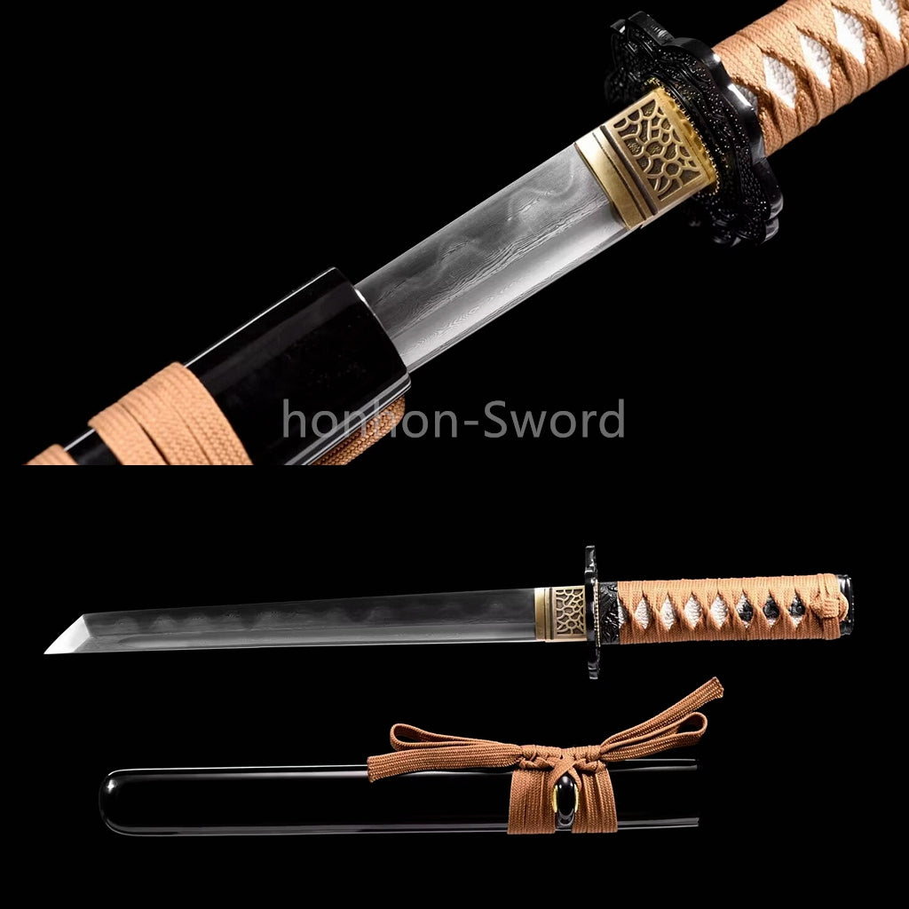 Damascus Folded Steel Clay Tempered Japanese Tanto Samurai Sword Full Tang Real